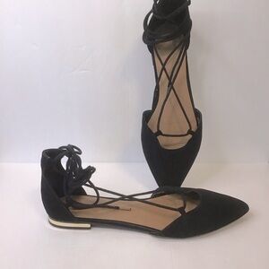 Mossimo Supply Co Black Faux Suede Pointed-Toe Low Gold Heel Tie Ankle Flats 9